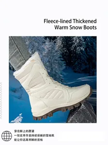 Detailed macro view of cream high-top snow boots with warm plush lining in winter scenery