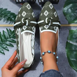 Ballerines en maille vert olive à losanges et bout pointu pour femmes