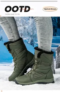 Olive green high-top women's snow boots with black fleece lining in winter snow