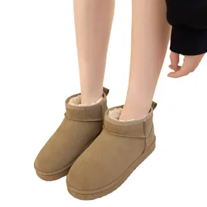 Warm khaki plush-lined winter snow boots for women with cozy faux fur lining and slip-on style