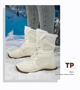 Women's cream high-top snow boots with warm white fleece lining and thick lug sole