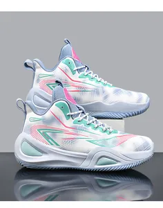 Side view of multi-color basketball shoes with anti-slip soles on a grey background