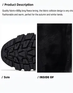 Detail view of anti-slip TPR sole and 800g plush lining for warm winter snow boots.