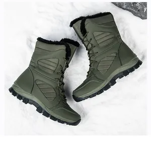 Army green high-top snow boots with waterproof upper and warm black fur lining