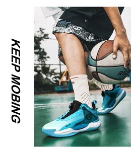 Action view of breathable blue low-top basketball shoes with a rotating buckle closure.