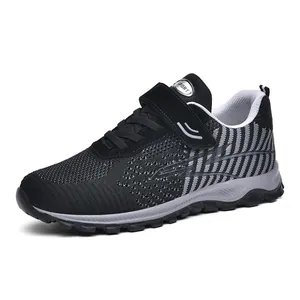 Breathable fly-knit walking shoe for men and women with mesh upper and velcro strap