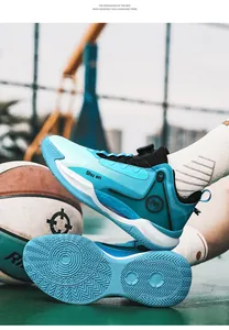 Detailed side and sole view of breathable blue basketball shoes with a rotating buckle