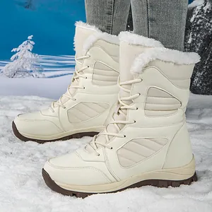 White women's winter snow boots with warm fur lining and thick non-slip soles