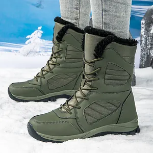 High-top olive green women's winter snow boots with a warm black fleece lining