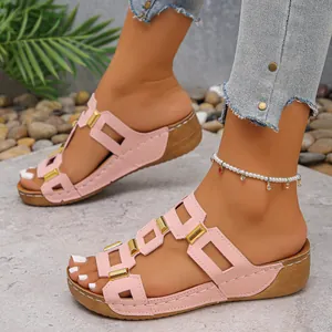 Close-up of stylish pink wedge sandals with gold buckles on a grey stone path background.