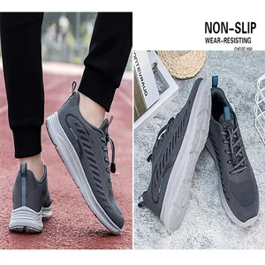 Grey breathable mesh walking shoes featuring non-slip soles and outdoor lifestyle setting