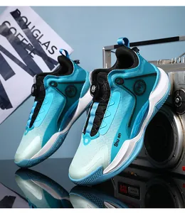 Detailed macro view of the cyan blue basketball shoe featuring a unique rotating buckle