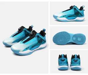 Detailed multi-angle views of cyan low-top basketball shoes with rotary buckle system
