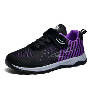 Purple and black breathable fly-knit walking and running shoes for men and women