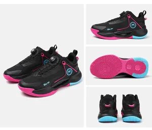 Detailed views of black low-top basketball shoes with mesh upper and rotary buckle.