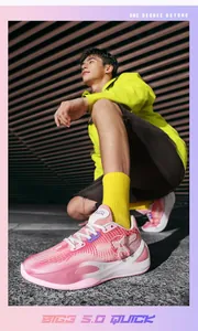 361 Degree BIG3 5.0 Quick pink basketball shoes featured on an Asian male model