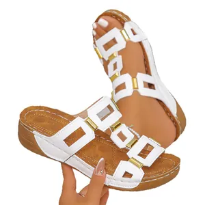 Lightweight women's wedge slippers with white geometric hollow-out straps and gold accents