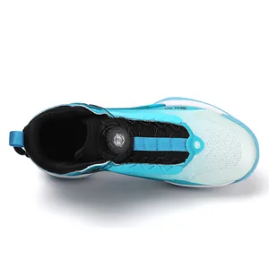 Top view of breathable blue mesh basketball sneakers with rotating buckle closure