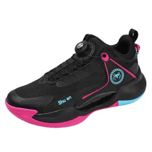 Low-top youth basketball shoes with rotary buckle and breathable mesh in black and pink
