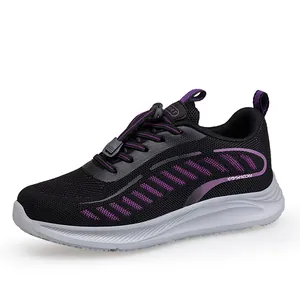 Breathable fly-knit walking sneakers with purple accents and grey sole