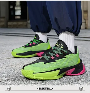 Neon green and black low-top basketball shoes with breathable mesh for athletic training