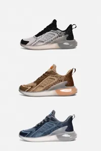Detailed view of men's breathable mesh running shoes in black, brown, and blue options.