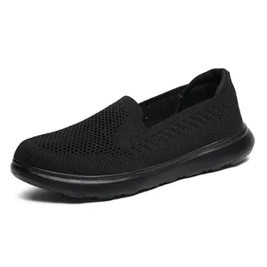 Breathable black mesh slip-on walking shoes for men and women, lightweight casual sneakers