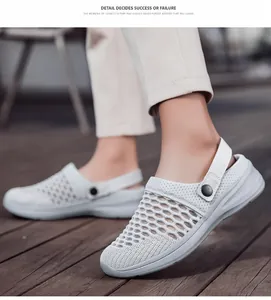 Detail view of breathable fly-knit mesh clogs with rotatable heel strap for summer
