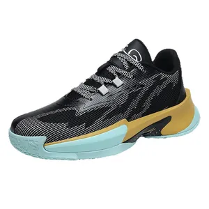 Professional low-top basketball training shoes in black and blue with durable non-slip sole