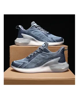 Detailed view of men's blue breathable running shoes with translucent popcorn sole