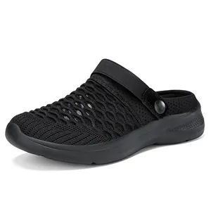 Breathable black fly-knit mesh women's garden clogs with adjustable heel strap