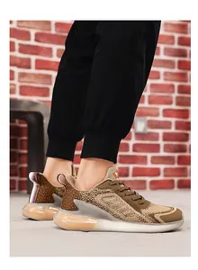 Detailed side view of breathable men's mesh running sneakers with thick cushioned soles.