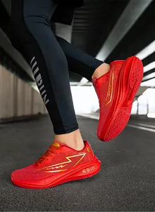 Professional red breathable mesh running shoes with cushioning and gold lightning logos