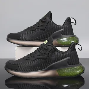 Men's black athletic running shoes featuring neon green cushioned heel support