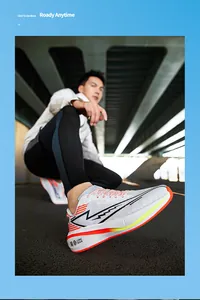 Dynamic close-up of breathable mesh running shoes worn by a model in an outdoor setting
