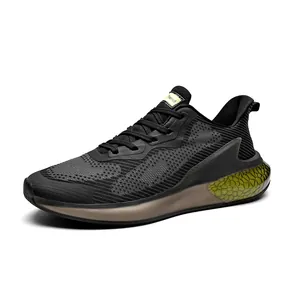 Lightweight breathable black mesh men's running sneakers with yellow honeycomb cushioning sole