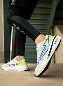 Close-up of white breathable mesh running shoes with blue lightning and yellow accents
