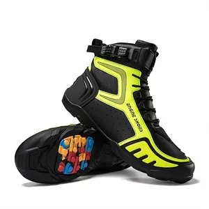 Professionelle hohe Motorradstiefel in Schwarz und Neongelb mit Drehverschluss-System.