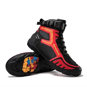 Professionelle rote und schwarze Motorrad-Rennstiefel mit hohem Schaft und Drehverschluss