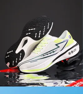 Detail of breathable white mesh running shoes with neon green accents and non-slip sole