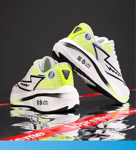 Detailed back view of breathable mesh running shoes in white with neon yellow accents