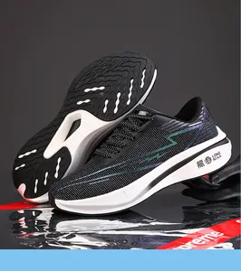 Detailed side and sole view of black breathable mesh running shoes with cushioning