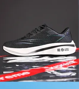 Detailed view of black mesh running shoes with LONG NIAN logo on cushioned sole.