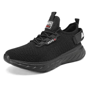 Men's breathable black mesh running sneakers with lightweight flying woven low-top design