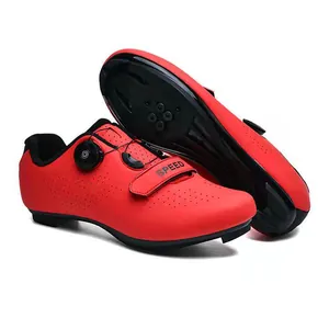 Zapatillas de ciclismo rojas profesionales con cierre giratorio y piel perforada