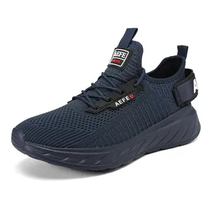 Breathable navy blue men's knitted mesh running shoes shown from a side 45-degree angle