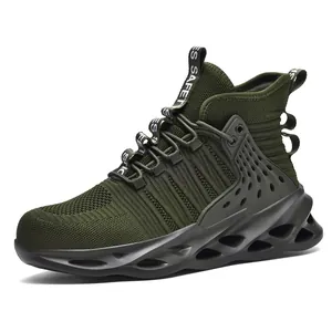 Olive green high-top flyknit safety shoes with steel toe and puncture resistant sole
