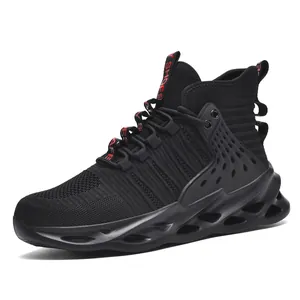 Professional black high-top steel toe safety work shoes with breathable knit mesh upper
