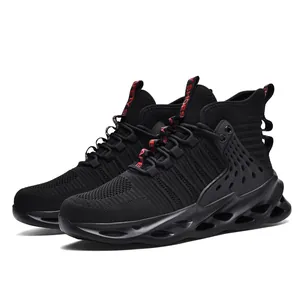 High-top fly-knit safety shoes with steel toe and anti-puncture sole in black