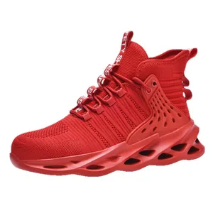 High-top red fly-knit safety shoes with puncture-resistant steel toe for men and women